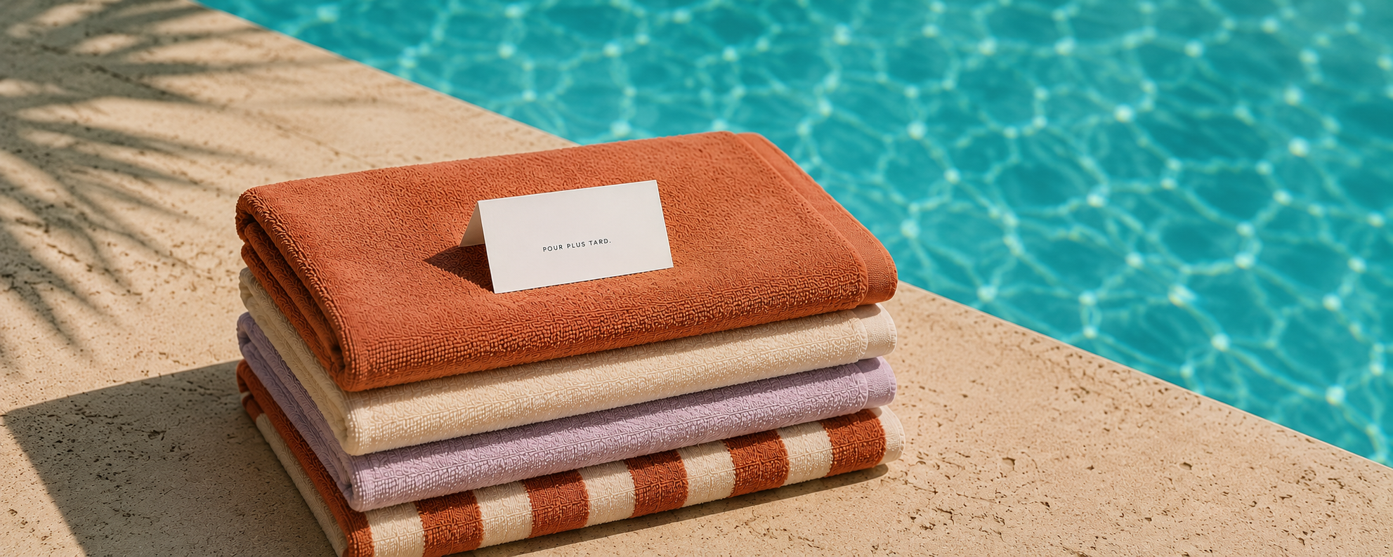 Une pile de serviettes de plage aux couleurs terracotta, crème et lilas est posée au bord d'une piscine turquoise. Une carte blanche portant la mention « Pour plus tard » repose sur le dessus.